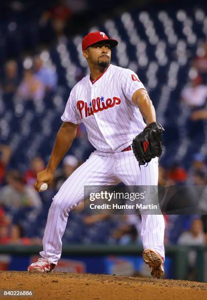 Jesen Therrien of the Philadelphia Phillies throws a pitch during game two of a doubleheader against the Miami Marlins at Citizens Bank Park on...