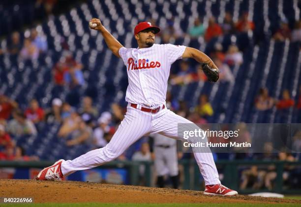 Jesen Therrien of the Philadelphia Phillies throws a pitch during game two of a doubleheader against the Miami Marlins at Citizens Bank Park on...