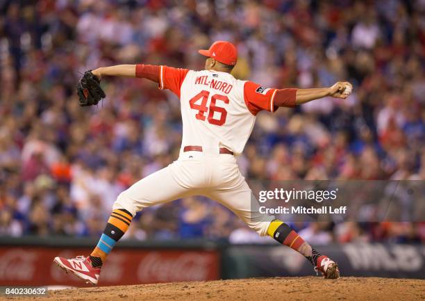 Jesen Therrien of the Philadelphia Phillies pitches against the Chicago Cubs at Citizens Bank Park on August 26, 2017 in Philadelphia, Pennsylvania....