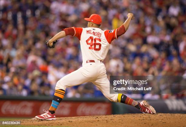 Jesen Therrien of the Philadelphia Phillies pitches against the Chicago Cubs at Citizens Bank Park on August 26, 2017 in Philadelphia, Pennsylvania....