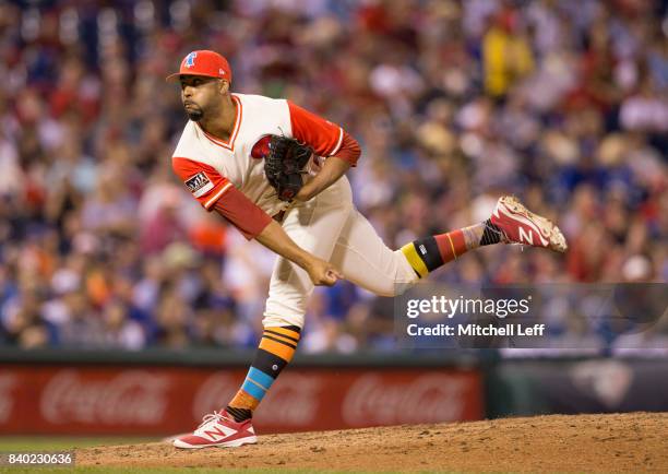 Jesen Therrien of the Philadelphia Phillies pitches against the Chicago Cubs at Citizens Bank Park on August 26, 2017 in Philadelphia, Pennsylvania....