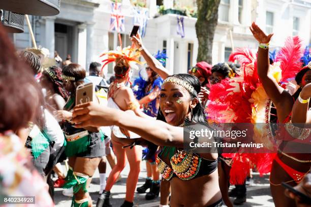 Dancers with the Red Bull Music Academy x Mangrove float at Notting Hill Carnival on August 28, 2017 in London, England.