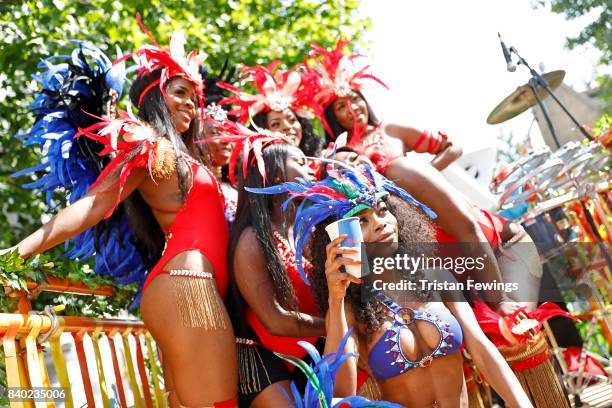 Dancers with the Red Bull Music Academy x Mangrove float at Notting Hill Carnival on August 28, 2017 in London, England.