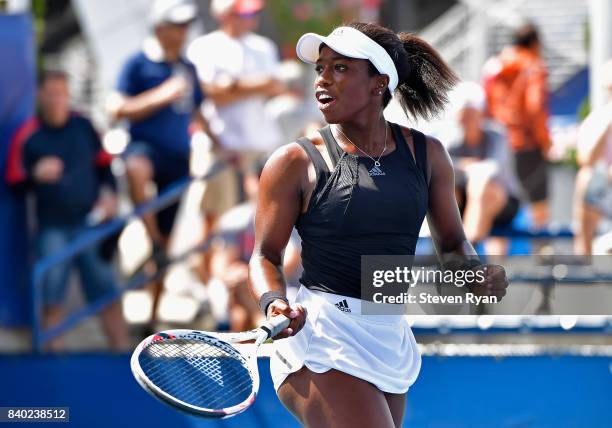 Sachia Vickery of the United States reacts during her match against Natalia Vikhlyantseva of Russia on Day One of the 2017 US Open at the USTA Billie...