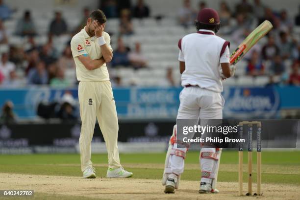 James Anderson of England reacts during the fourth day of the 2nd Investec Test match between England and the West Indies at Headingley cricket...