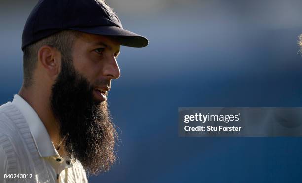 England batsman Moeen Ali face the media after day four of the 2nd Investec Test Match between England and West Indies at Headingley on August 28,...