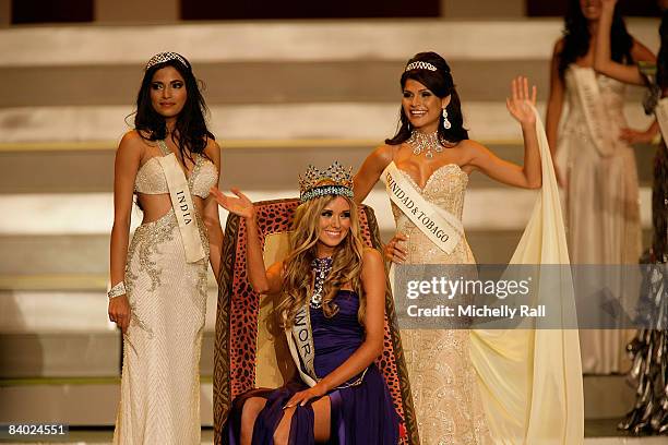 Miss Russia Kseniya Sukhinova wins the 58th Miss World, flanked by Miss India Parvathy Omanakuttan and Miss Trinidad & Tobago Gabrielle Walcott, at...
