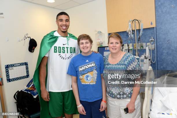 Boston Celtic Jayson Tatum with Evan and Mom at Boston Children's Hospital August 28, 2017 in Boston, Massachusetts.