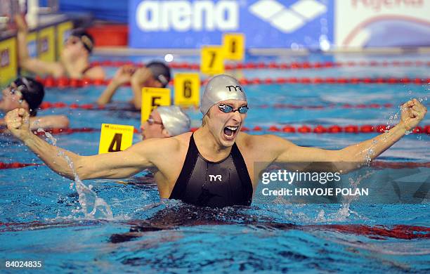 Amaury Leveaux of France celebrates after winning the men�s 100m freestyle final race, during the European Short Course Swimming Championships in...