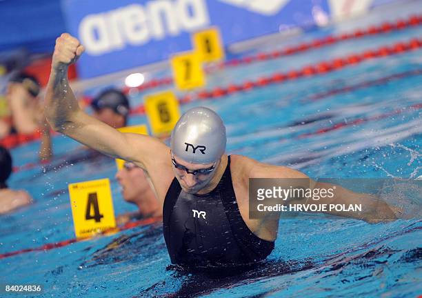 Amaury Leveaux of France celebrates after winning the men�s 100m freestyle final race at the European Short Course Swimming Championships in Rijeka...