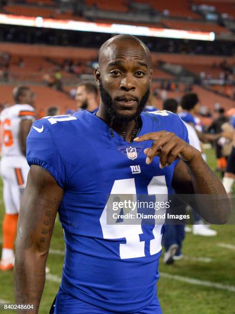 Cornerback Dominique Rodgers-Cromartie of the New York Giants walks off the field after a preseason game on April 27, 2017 against the Cleveland...