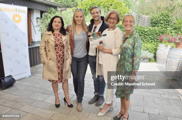 Maria Happel, Lilian Klebow, Michael Steinocher, Johanna Mikl-Leitner and Kathrin Zechner pose during a 'Soko Wien' photo call at Heuriger...