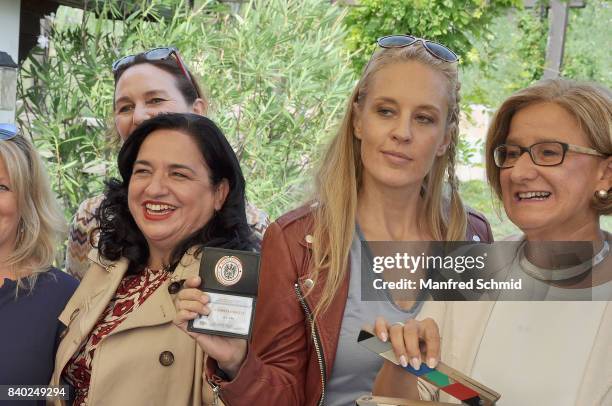 Maria Happel, Lilian Klebow and Johanna Mikl-Leitner pose during a 'Soko Wien' photo call at Heuriger Trat-Wieser on August 28, 2017 in...