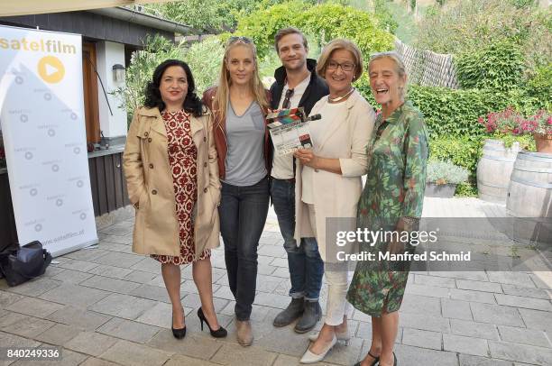 Maria Happel, Lilian Klebow, Michael Steinocher, Johanna Mikl-Leitner and Kathrin Zechner pose during a 'Soko Wien' photo call at Heuriger...