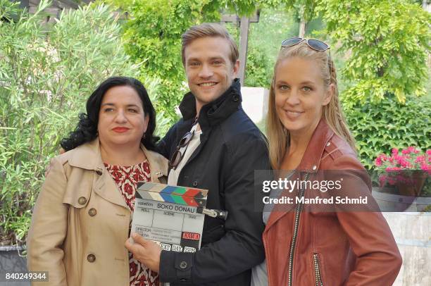 Maria Happel, Michael Steinocher and Lilian Klebow pose during a 'Soko Wien' photo call at Heuriger Trat-Wieser on August 28, 2017 in Klosterneuburg,...