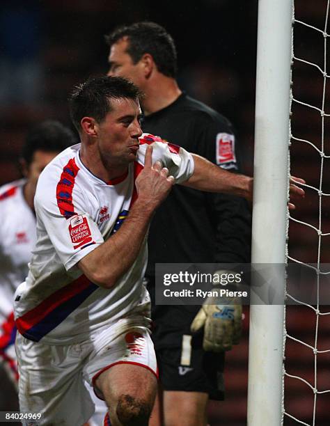 Alan Lee of Crystal Palace celebrates after he scored his teams second goal during the Coca Cola Championship match between Crystal Palace and...