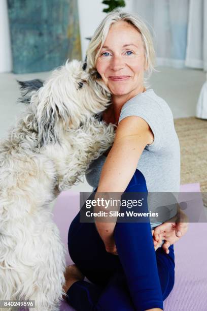 portrait of a senior woman being distracted by her dog while doing yoga at home - yoga germany stock pictures, royalty-free photos & images