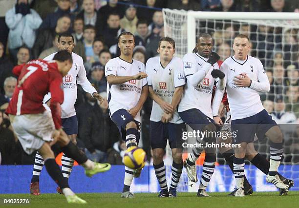 Cristiano Ronaldo of Manchester United takes a freekick during the Barclays Premier League match between Tottenham Hotspur and Manchester United at...