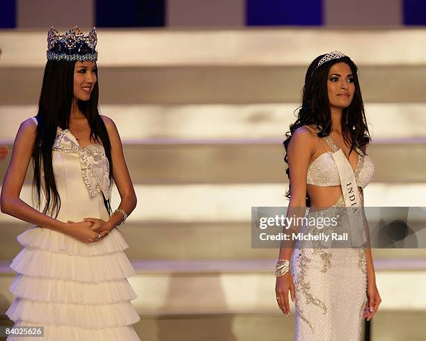 Former Miss World Winner 2007 from China Zhang Zi with Miss India Parvathy Omanakuttan at the 58th Miss World at Sandton Convention Centre on...