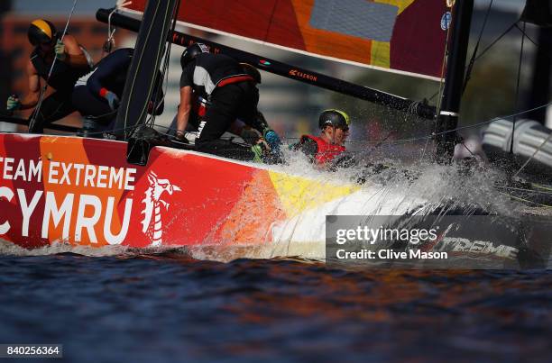 Extreme Team Wales skippered by Stevie Morrison of Great Britain in action during day 4 of Act 6 of the 2017 Extreme Sailing Series on August 28,...