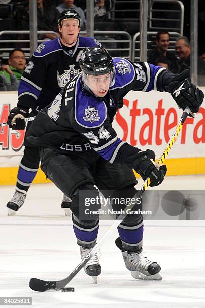 Teddy Purcell of the Los Angeles Kings passes the puck against the Minnesota Wild during the game on December 13, 2008 at Staples Center in Los...