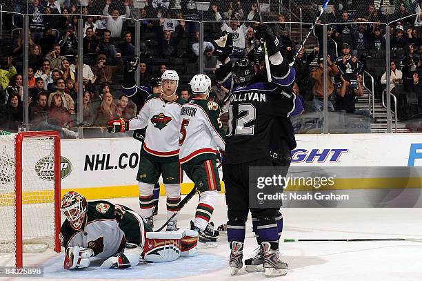 Patrick O'Sullivan and Anze Kopitar the Los Angeles Kings celebrate a goal from Anze Kopitar during the game against the Minnesota Wild on December...