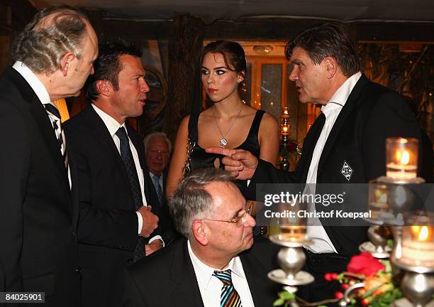 Lothar Matthaeus and head coach Hans Meyer of Monchengladbach attend the dinner at the Laurens Gallery restaurant during the German Soccer Teams...