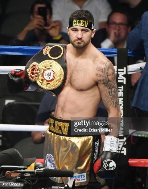 Nathan Cleverly enters the ring for his WBA light heavyweight championship bout against Badou Jack at T-Mobile Arena on August 26, 2017 in Las Vegas,...
