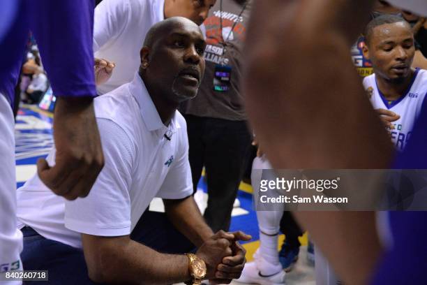 Coach Gary Payton of 3 Headed Monsters speaks to his team during the BIG3 three on three basketball league championship game against the Trilogy on...