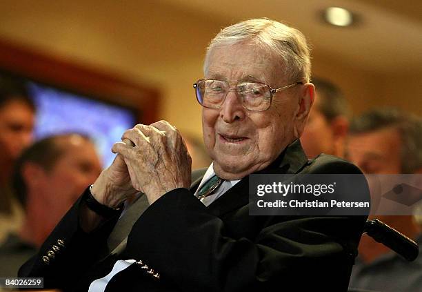 Former UCLA college basketball coach John Wooden looks on during the John R. Wooden Classic match between the UCLA Bruins and the De Paul Blue Demons...