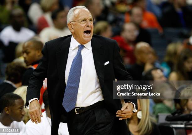 Head coach Larry Bown of the Charlotte Bobcats reacts to a call against the Detroit Pistons during their game at Time Warner Cable Arena on December...