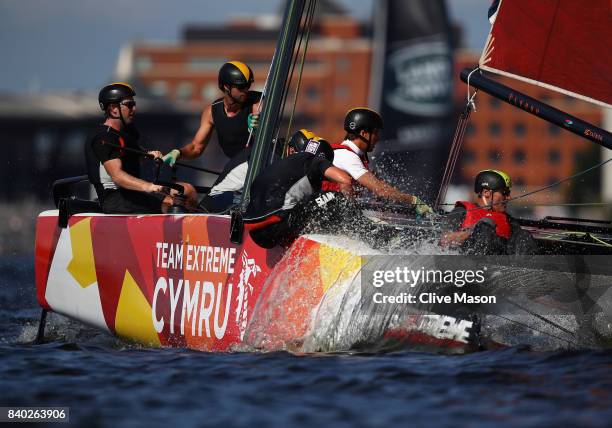 Extreme Team Wales skippered by Stevie Morrison of Great Britain in action during day 4 of Act 6 of the 2017 Extreme Sailing Series on August 28,...