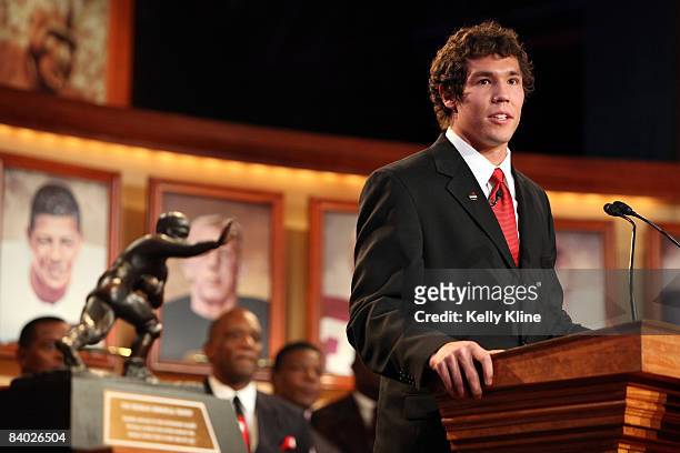 Quarterback Sam Bradford of the University of Oklahoma speaks on stage after being named the 74th Heisman Trophy winner on on December 13, 2008 in...