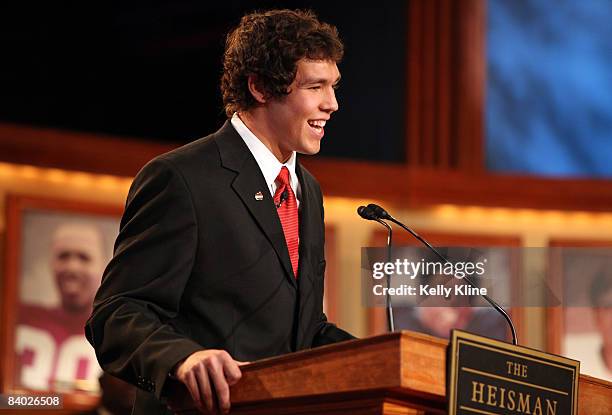 Quarterback Sam Bradford of the University of Oklahoma speaks on stage after being named the 74th Heisman Trophy winner on on December 13, 2008 in...