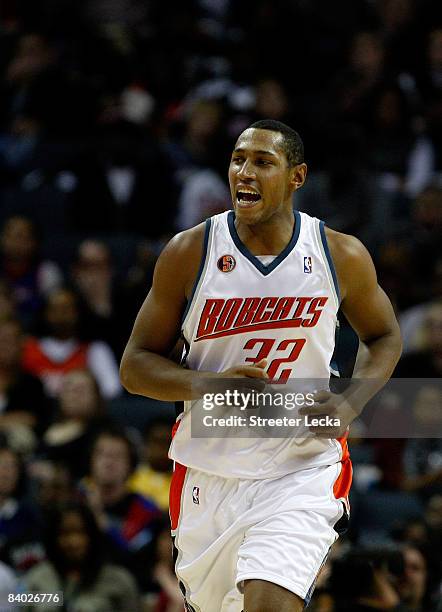 Boris Diaw of the Charlotte Bobcats reacts against the Detroit Pistons during their game at Time Warner Cable Arena on December 13, 2008 in...