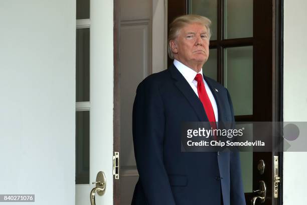 President Donald Trump awaits the arrival of Finnish President Sauli Niinisto to the White House August 28, 2017 in Washington, DC. The two leaders...