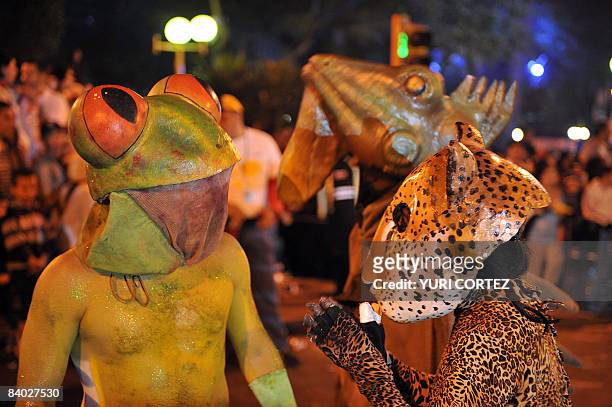 Men dressed as frog , leopard and iguana perform during the Light Festival Parade in San Jose, 13 December 2008 as part of the Christmas festivities....