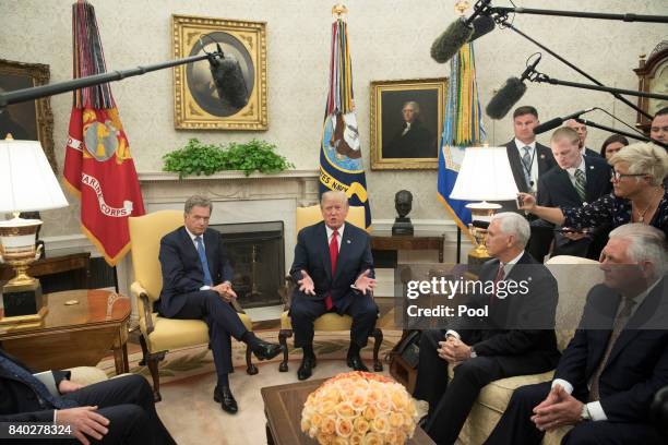 President Donald J. Trump delivers remarks to members of the news media during his meeting with President Sauli Niinisto of Finland, US Secretary of...