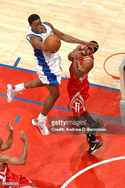 Al Thornton of the Los Angeles Clippers avoids contact while going up for a shot during a game against the Houston Rockets at Staples Center on...