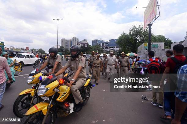 Increased security outside New Delhi Railway Station in view of pronouncement of the sentence against the Dera Sacha Sauda cult chief Gurmeet Ram...