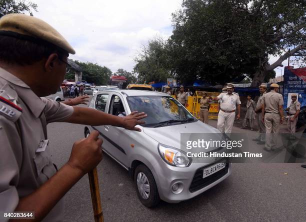 Increased security outside New Delhi Railway Station in view of pronouncement of the sentence against the Dera Sacha Sauda cult chief Gurmeet Ram...
