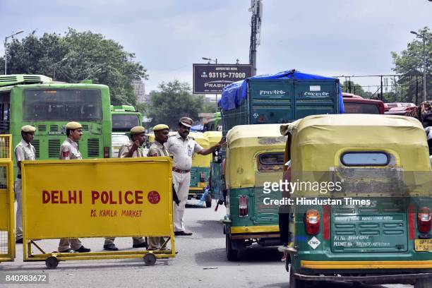 Increased security outside New Delhi Railway Station in view of pronouncement of the sentence against the Dera Sacha Sauda cult chief Gurmeet Ram...
