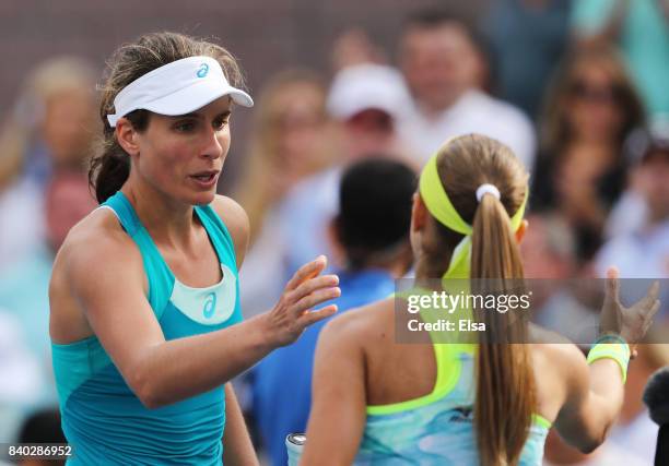 Johanna Konta of Great Britain after her first round Women's Singles match against Aleksandra Krunic of Serbia & Montenegro on Day One of the 2017 US...