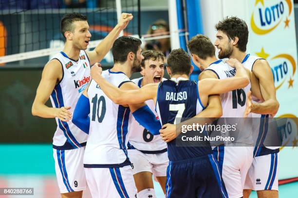 Somone Giannelli , Filippo Lanza , Fabio Balaso , Oleg Antonov , Daniele Mazzone celebration during Volleyball European Championships match between...