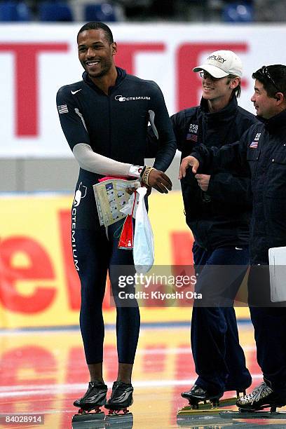 Shani Davis of the USA celebrates his win after competing in the Men's 1000m Division A during the Essent ISU World Cup Speed Skating Nagano at the...