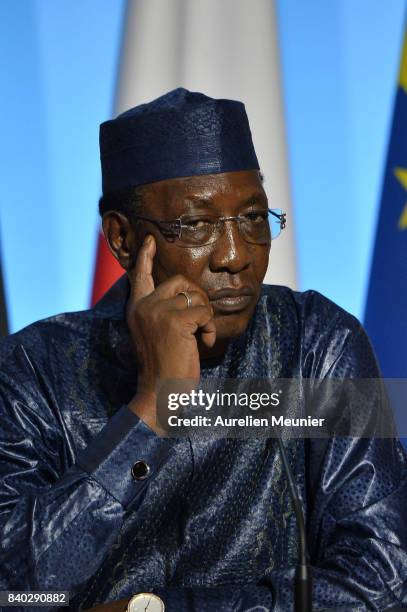 President of Tchad Idriss Deby Itno reacts during a press conference after the multinational meeting at Elysee Palace on August 28, 2017 in Paris,...