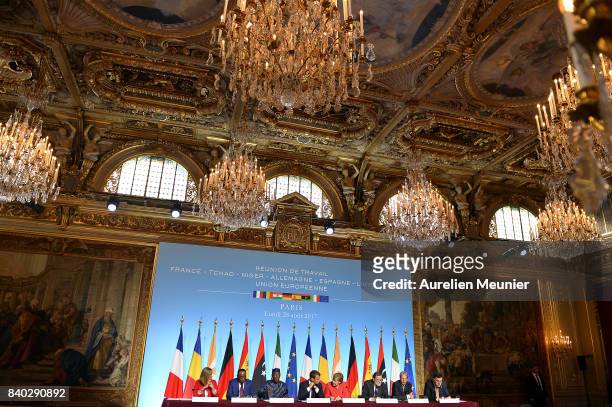 General view during a press conference after the multinational meeting at Elysee Palace on August 28, 2017 in Paris, France. During the meeting they...