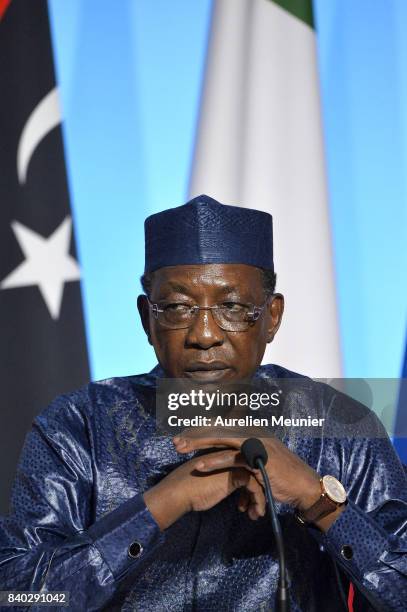 President of Tchad Idriss Deby Itno reacts during a press conference after the multinational meeting at Elysee Palace on August 28, 2017 in Paris,...