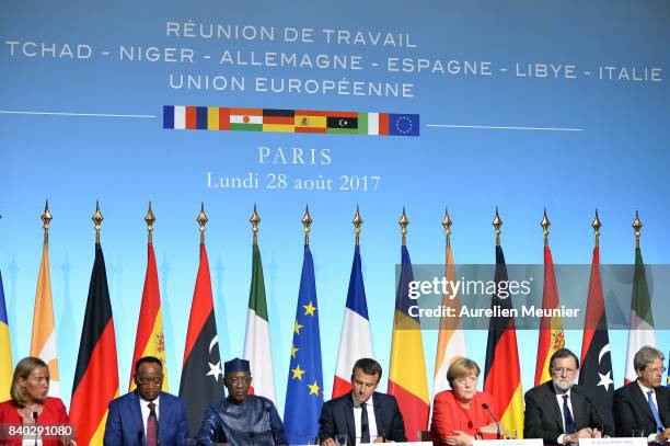 General view during a press conference after the multinational meeting at Elysee Palace on August 28, 2017 in Paris, France. During the meeting they...