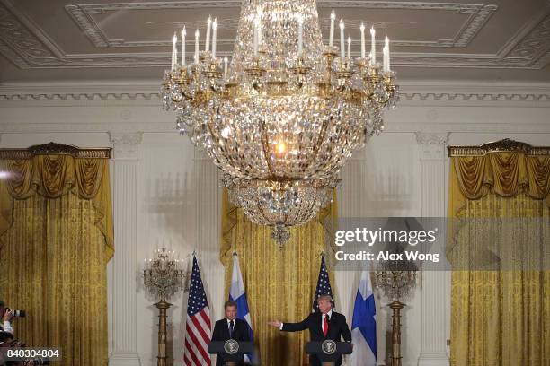 President Donald Trump and President Sauli Niinisto of Finland participate in a joint news conference at the East Room of the White House August 28,...